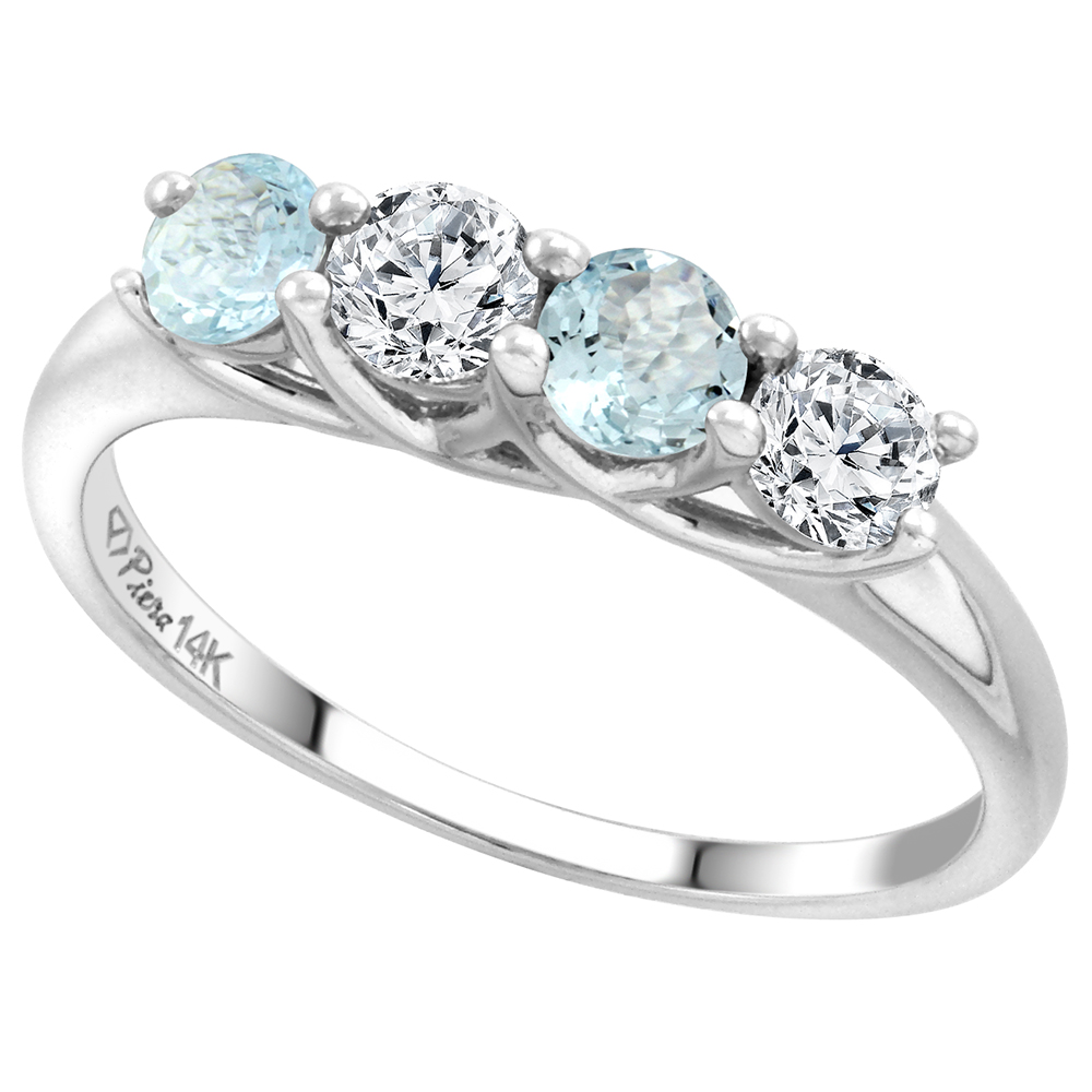 14k White Gold Genuine Aquamarine and Diamond 4-Stone Ring Round Brilliant cut 0.4cttw 3.7mm size 5-10