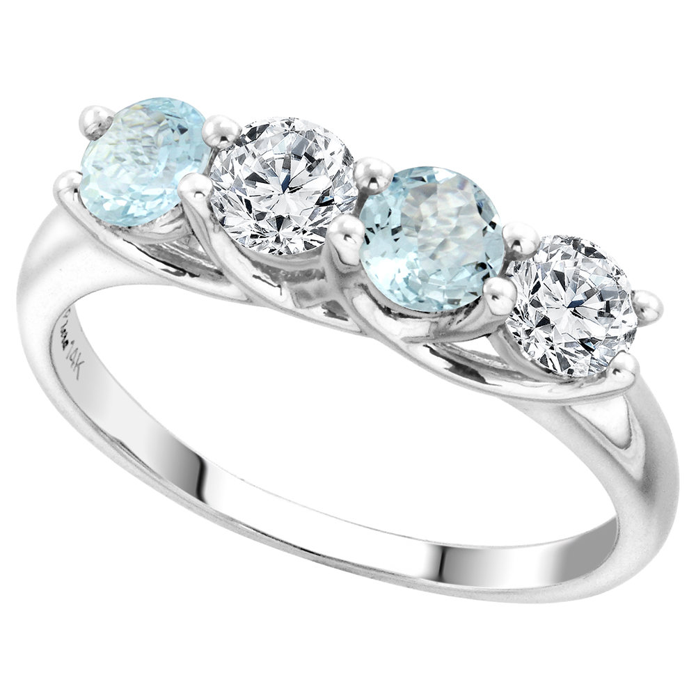 14k White Gold Genuine Aquamarine and Diamond 4-Stone Ring Round Brilliant cut 0.5cttw 4.1mm size 5-10