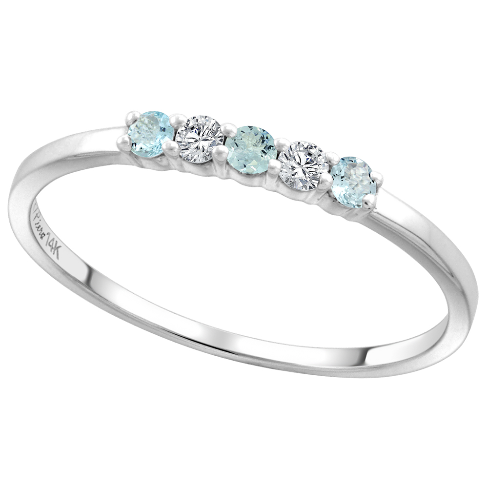 14k White Gold Genuine Aquamarine and Diamond 5-Stone Ring Round Brilliant cut 0.08cttw 2mm, size 5-10