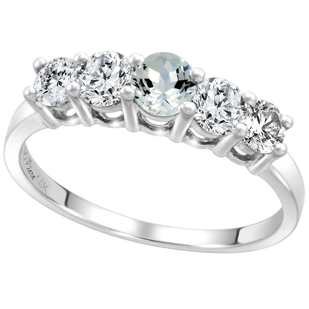 14k White Gold 0.6ct Diamond & Genuine Aquamarine 5-Stone Ring Round Brilliant cut 4mm, size 5-10