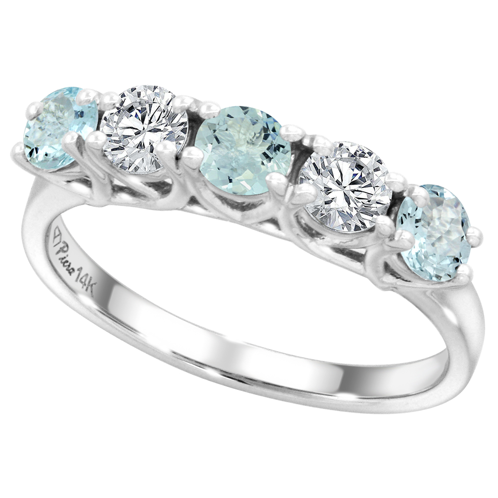 14k White Gold Genuine Aquamarine and Diamond 5-Stone Ring Round Brilliant cut 0.4ct 3.7mm, size 5-10