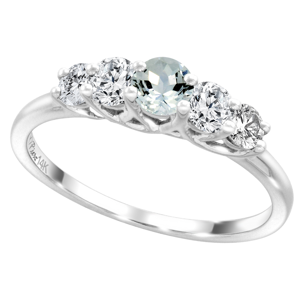 14k White Gold 0.4ct Diamond & Genuine Aquamarine 5-Stone Ring Round Brilliant cut 3.6mm, size 5-10