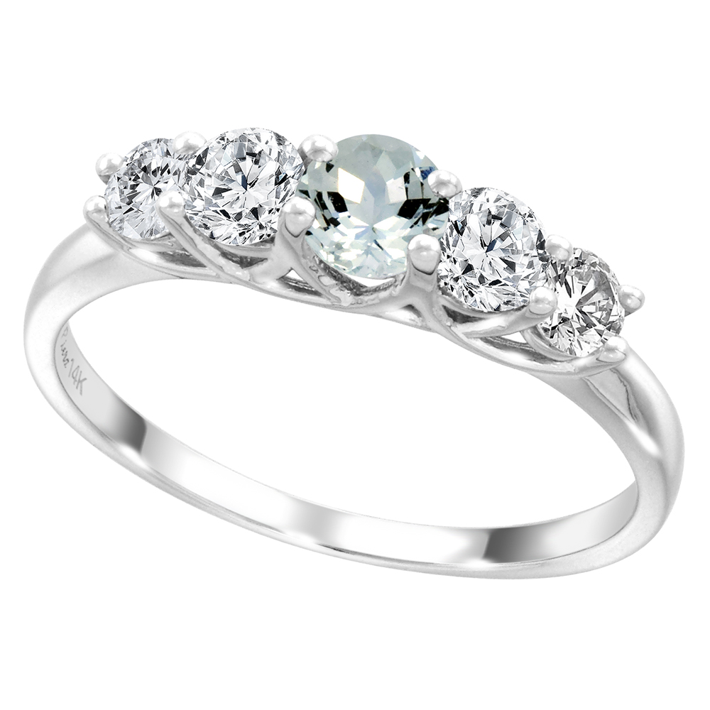 14k White Gold 0.6ct Diamond & Genuine Aquamarine 5-Stone Ring Round Brilliant cut 3.8mm, size 5-10