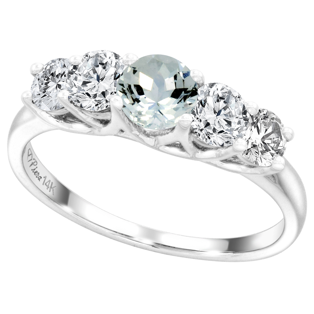 14k White Gold 0.7ct Diamond & Genuine Aquamarine 5-Stone Ring Round Briliant cut 4.8mm, size 5-10