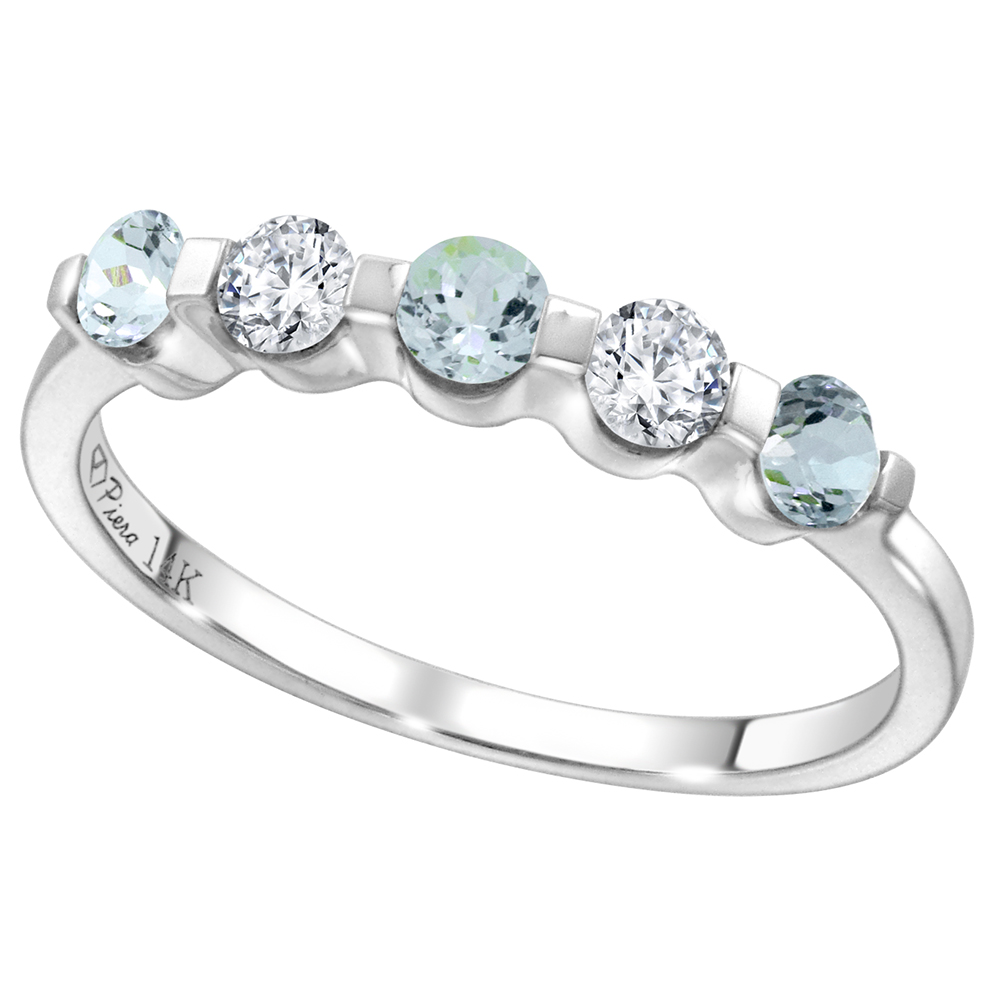 14k White Gold 0.23ct Diamond & Genuine Aquamarine 5-Stone Ring Round Brilliant cut 3mm, size 5-10