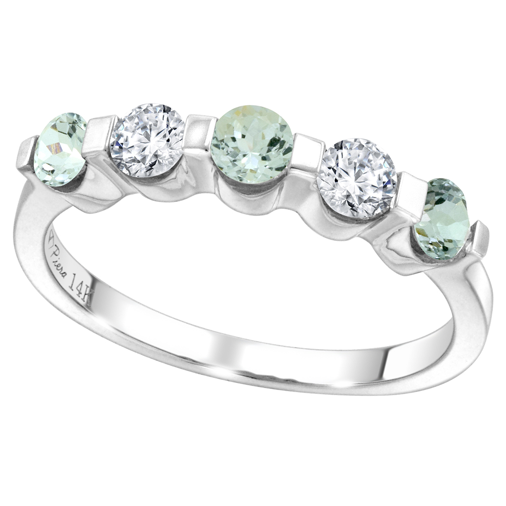 14k White Gold 0.33ct Diamond & Genuine Aquamarine 5-Stone Ring Round Brilliant cut 3.4mm, size 5-10