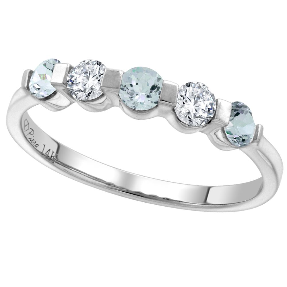 14k White Gold 0.23ct Diamond & Genuine Aquamarine 5-Stone Ring Round Brilliant cut 3mm, size 5-10