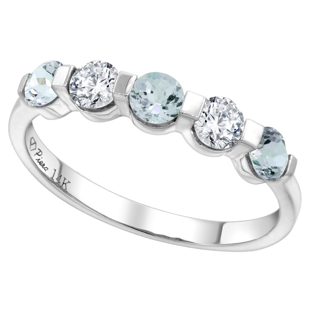 14k White Gold 0.33ct Diamond & Genuine Aquamarine 5-Stone Ring Round Brilliant cut 3.4mm, size 5-10