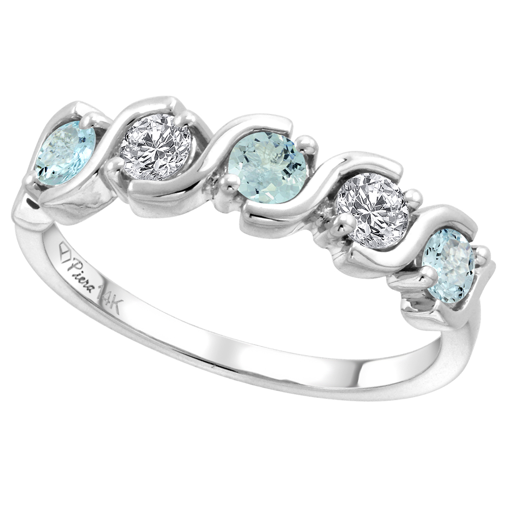 14k White Gold 5-Stone Diamond & Genuine Aquamarine Ring Round Brilliant cut 0.23 cttw 3mm, size 5-10