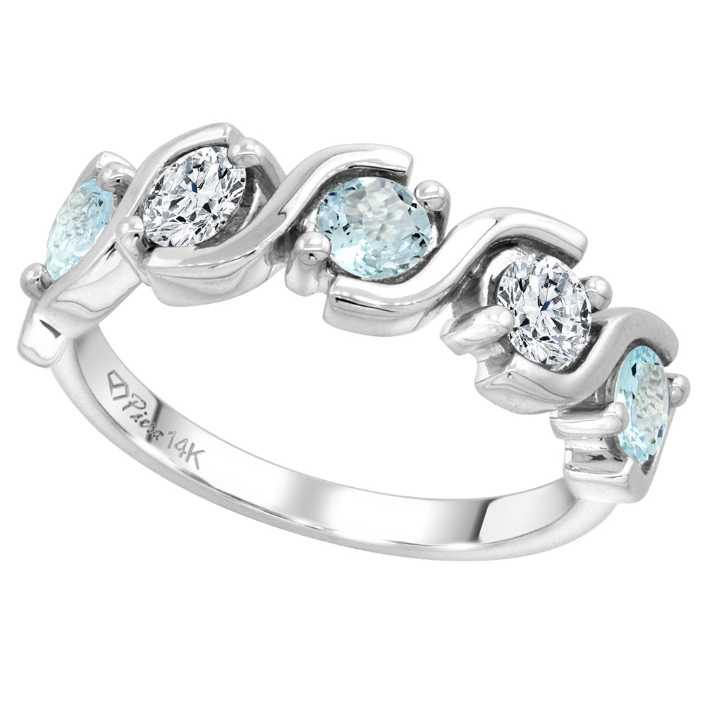 14k White Gold 5-Stone Genuine Aquamarine and Diamond Ring Round Brilliant cut 0.4ct 3.7mm, size 5-10