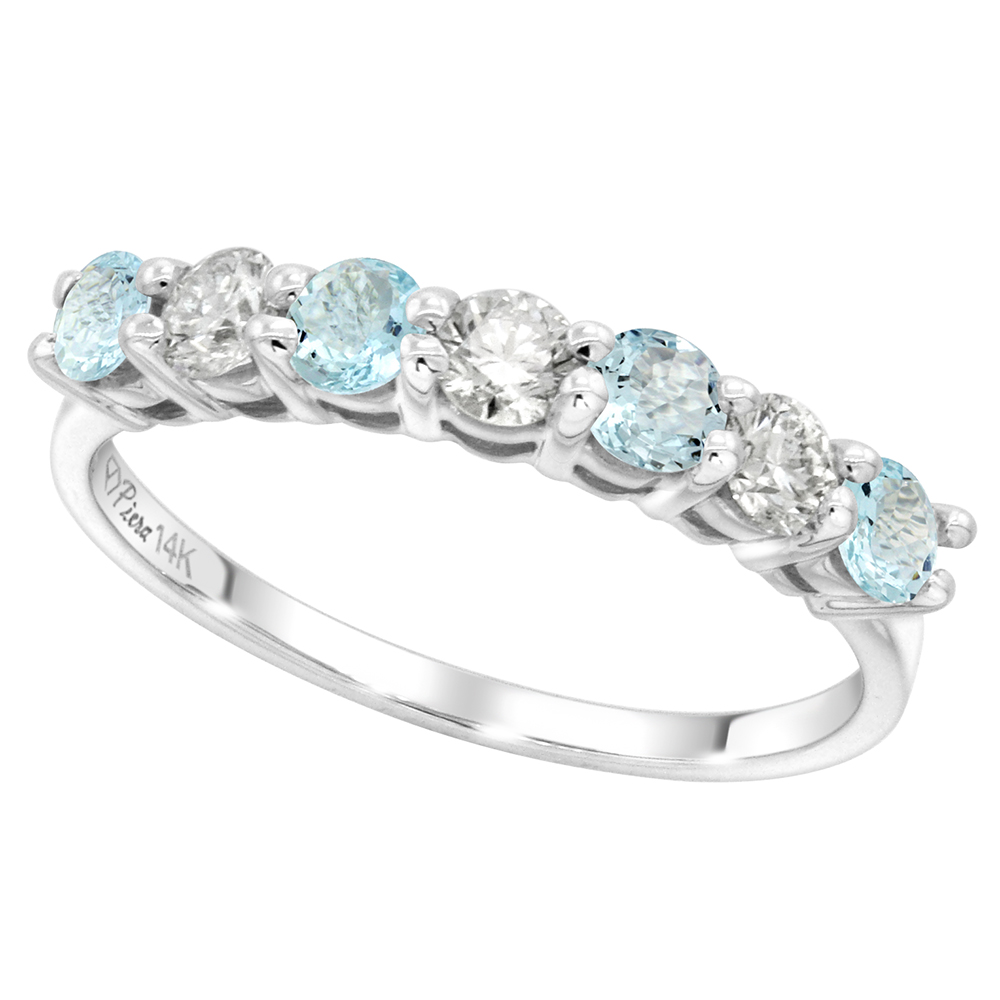 14k White Gold Genuine Aquamarine and Diamond 7-stone Ring Round Brilliant cut 0.35ct 3mm, size 5-10