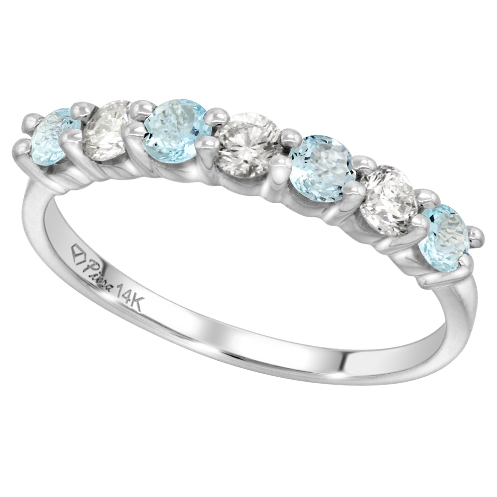 14k White Gold Genuine Aquamarine and Diamond 7-Stone Ring Round Brilliant cut 0.35cttw 3mm, size 5-10
