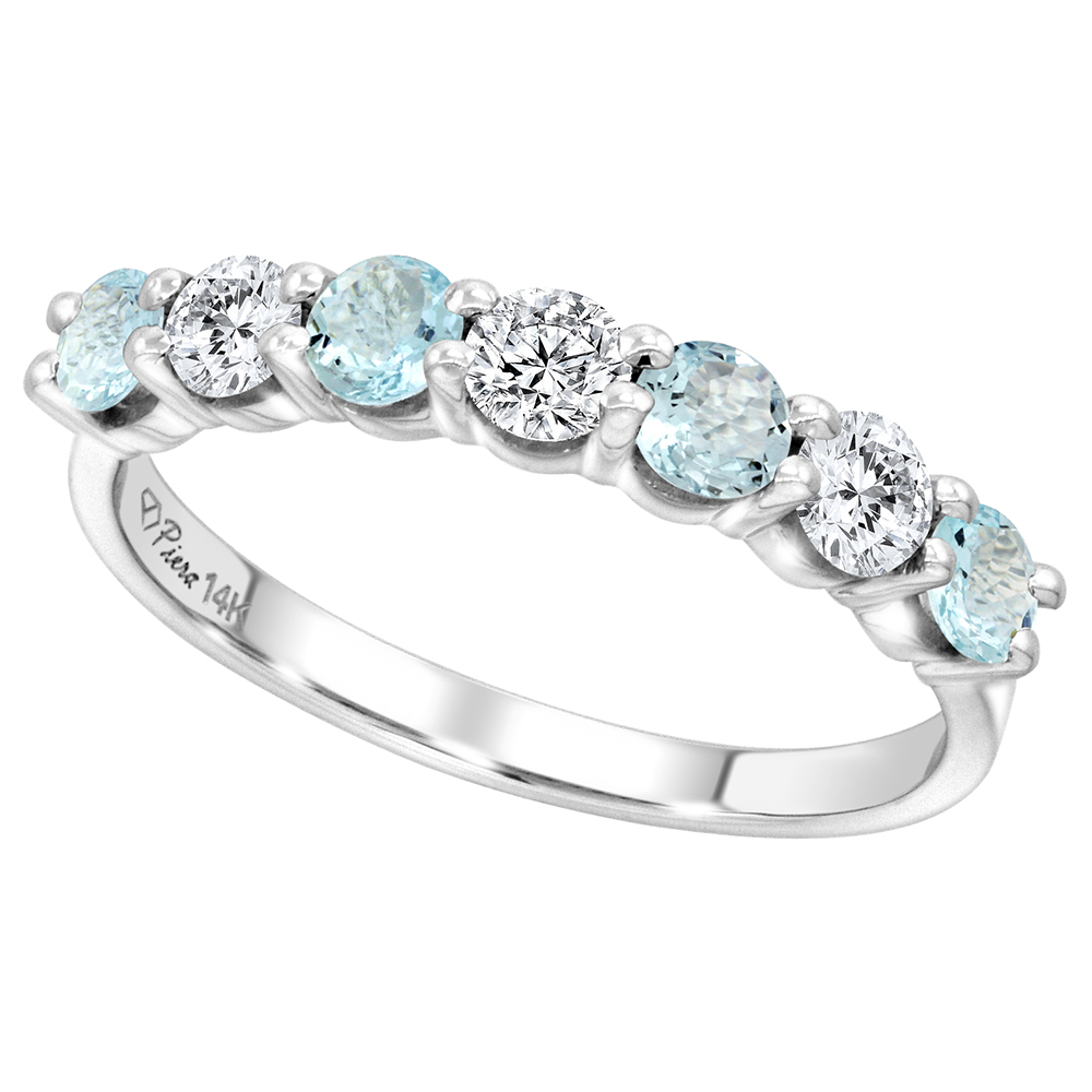 14k White Gold Genuine Aquamarine and Diamond 7-Stone Ring Round Brilliant cut 0.77cttw 4.1mm, size 5-10