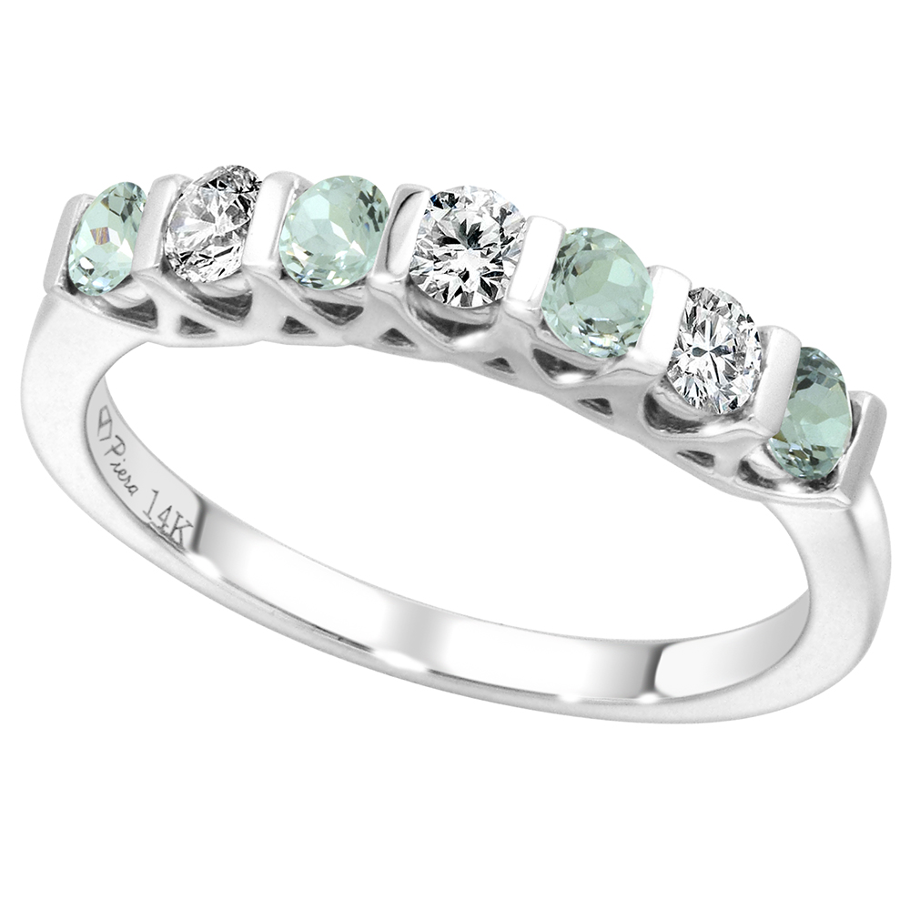14k White Gold Genuine Aquamarine & Diamond 7-Stone Ring Round Brilliant cut 0.3cttw 2.8mm, size 5-10
