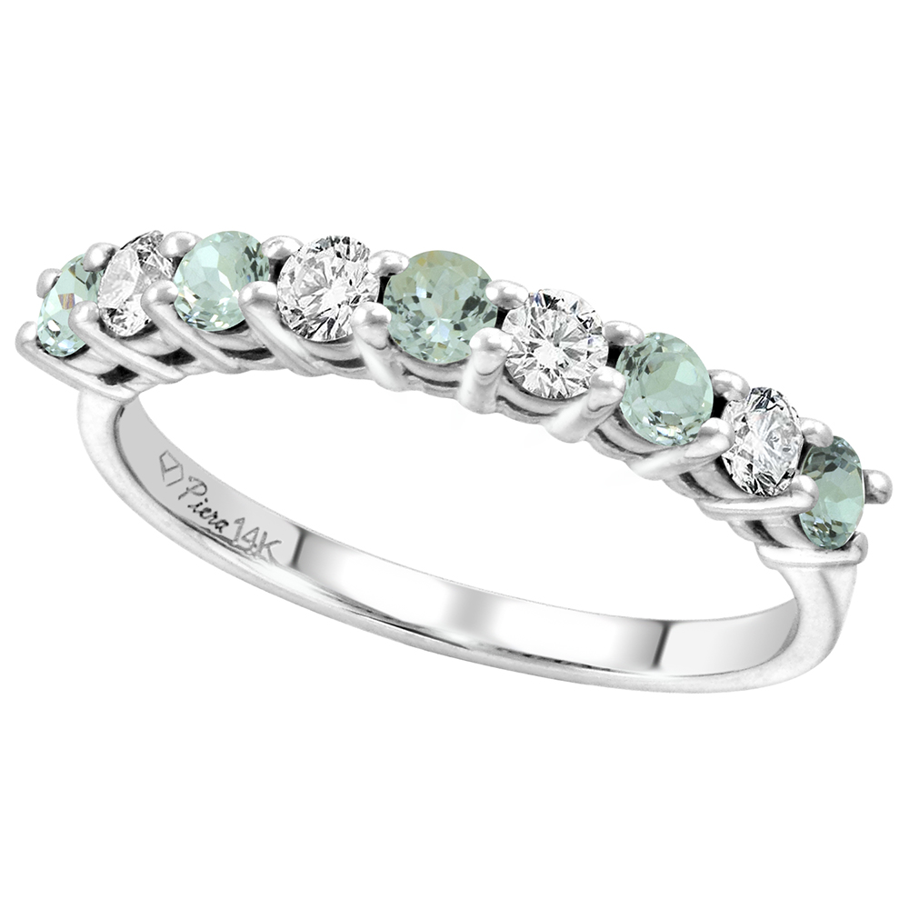 14k White Gold Diamond and Genuine Aquamarine 9-Stone Ring Round Brilliant cut 0.4cttw 2.8mm, size 5-10