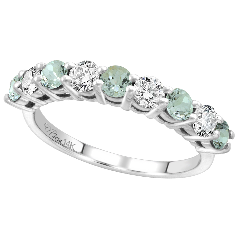 14k White Gold Diamond & Genuine Aquamarine 9-Stone Ring Round Brilliant cut 0.52 cttw 3.1mm, size 5-10