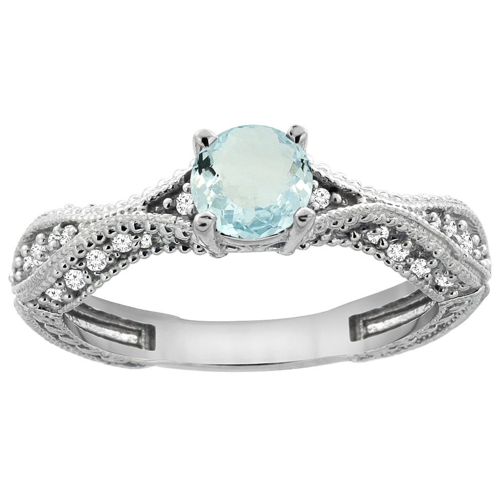 14K White Gold Natural Aquamarine Round 5mm Engraved Engagement Ring Diamond Accents, sizes 5 - 10