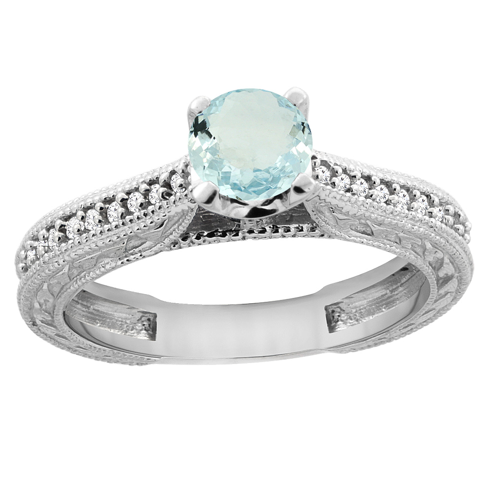 14K White Gold Natural Aquamarine Round 5mm Engraved Engagement Ring Diamond Accents, sizes 5 - 10