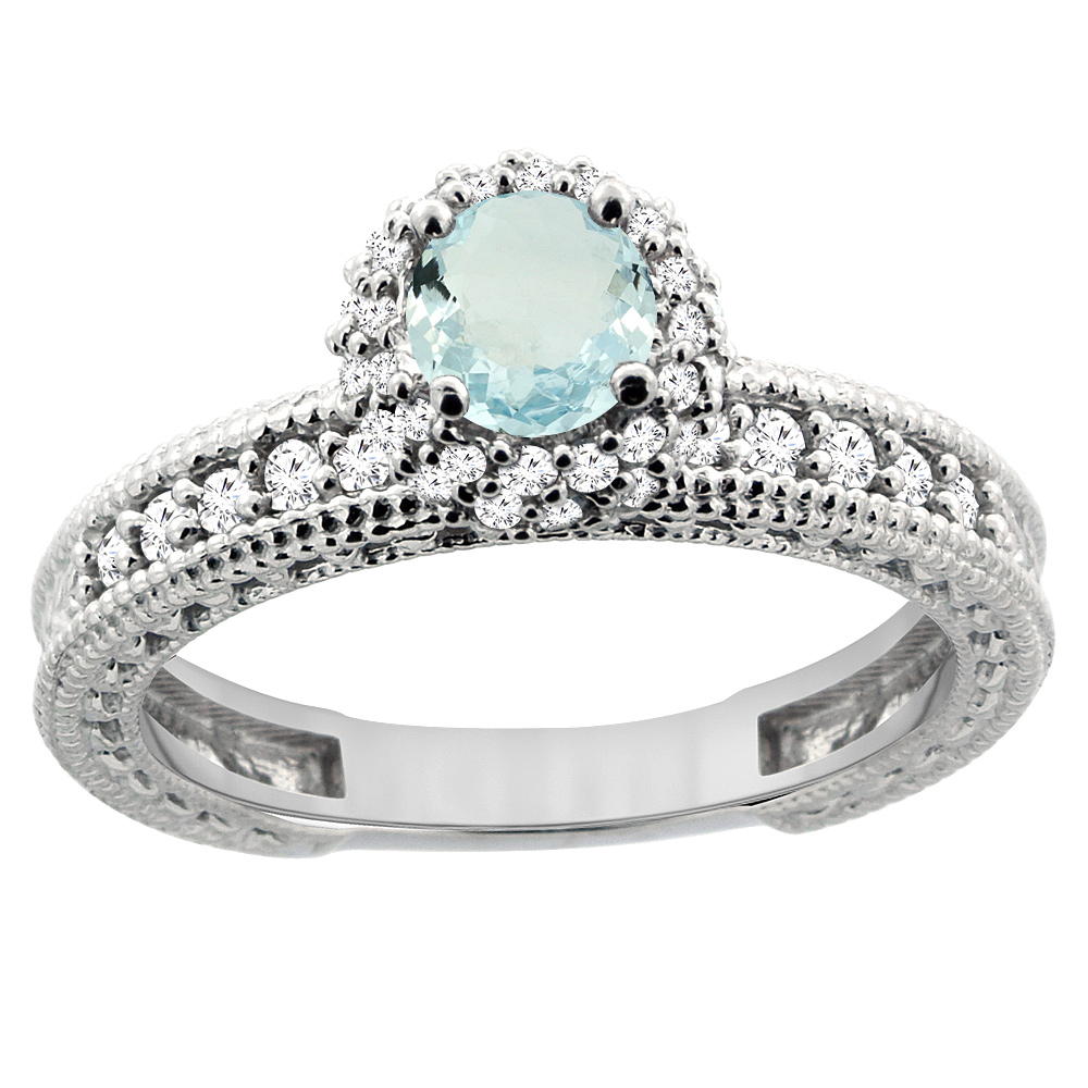 14K White Gold Natural Aquamarine Round 5mm Engagement Ring Diamond Accents, sizes 5 - 10