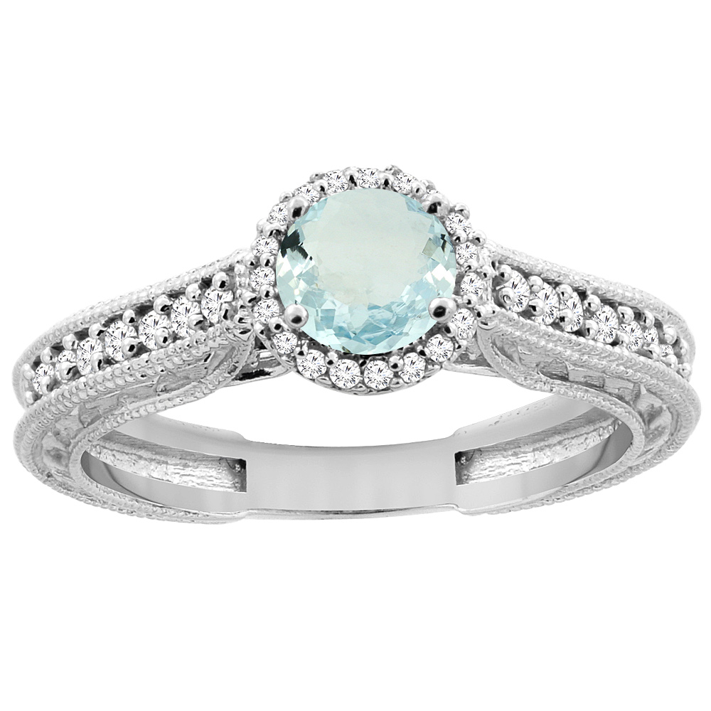 14K White Gold Natural Aquamarine Round 5mm Engraved Engagement Ring Diamond Accents, sizes 5 - 10