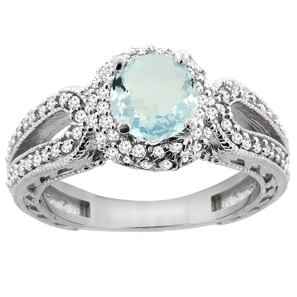 14K White Gold Natural Aquamarine Engagement Ring Round 6mm Engraved Split Shank Diamond Accents, sizes 5 - 10