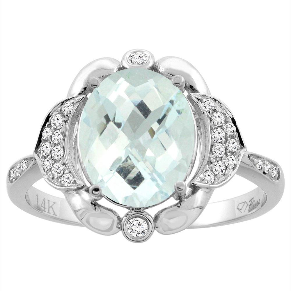 14K White Gold Diamond Natural Aquamarine Engagement Ring Oval 10x8mm, sizes 5-10