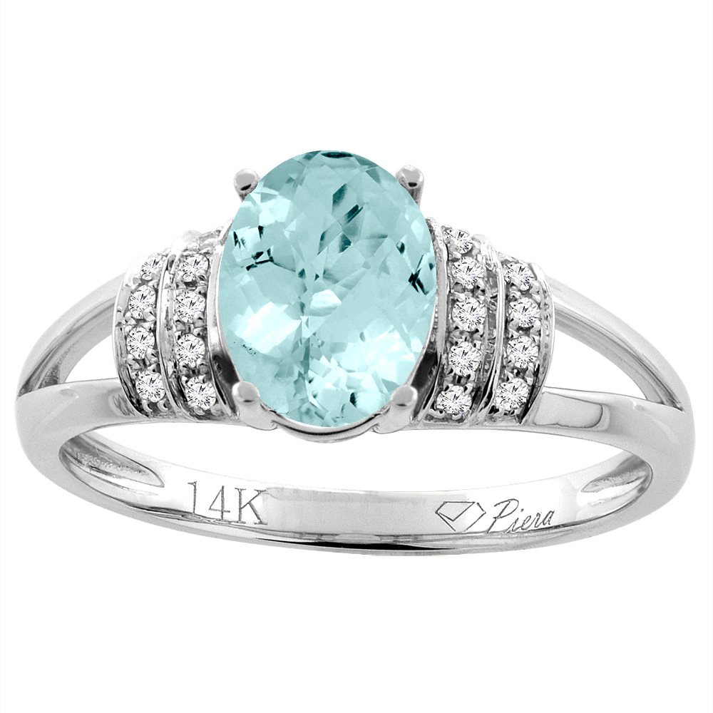 14K Gold Natural Aquamarine Ring Oval 8x6 mm Diamond Accents, sizes 5 - 10