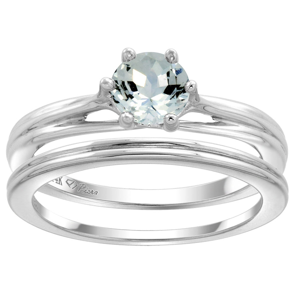 14k White Gold Genuine Aquamarine Solitaire Engagement 2pc Ring Set Round 6mm, size 5-10