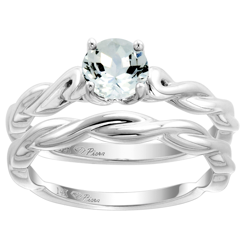 14k White Gold Genuine Aquamarine 2pc Solitaire Engagement Ring Set Round 6mm Twisted Shank, size 5-10