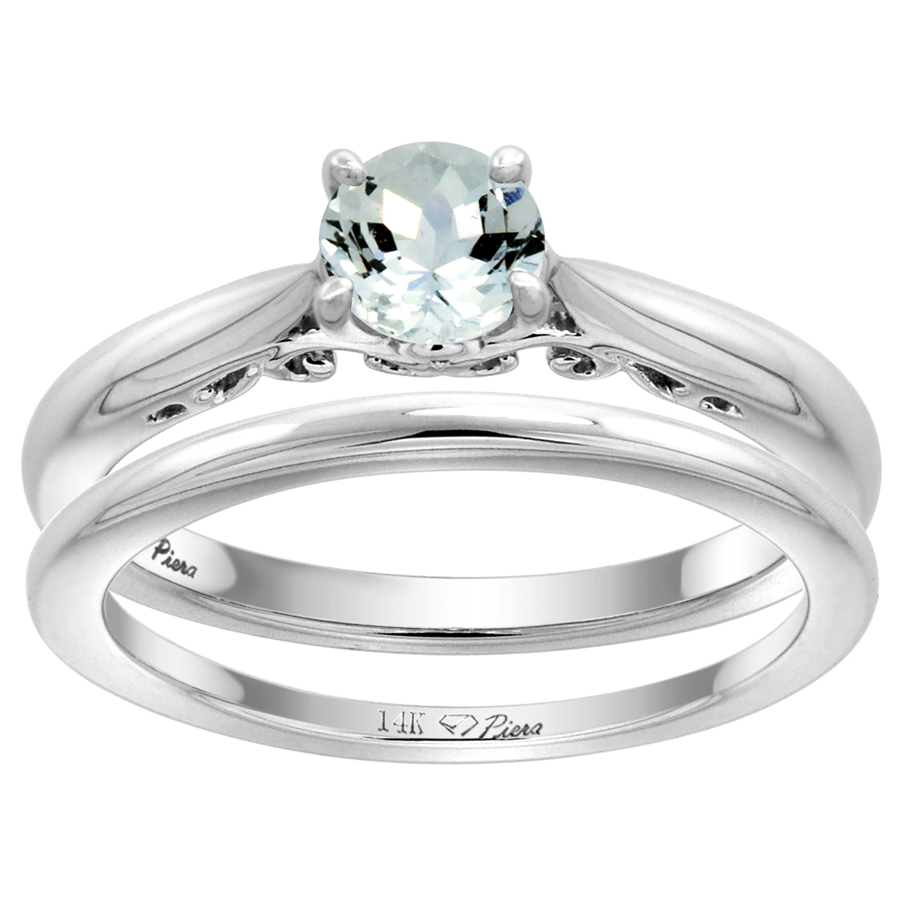 14k White Gold Genuine Aquamarine Solitaire Engagement 2pc Ring Set Round 6mm, size 5-10
