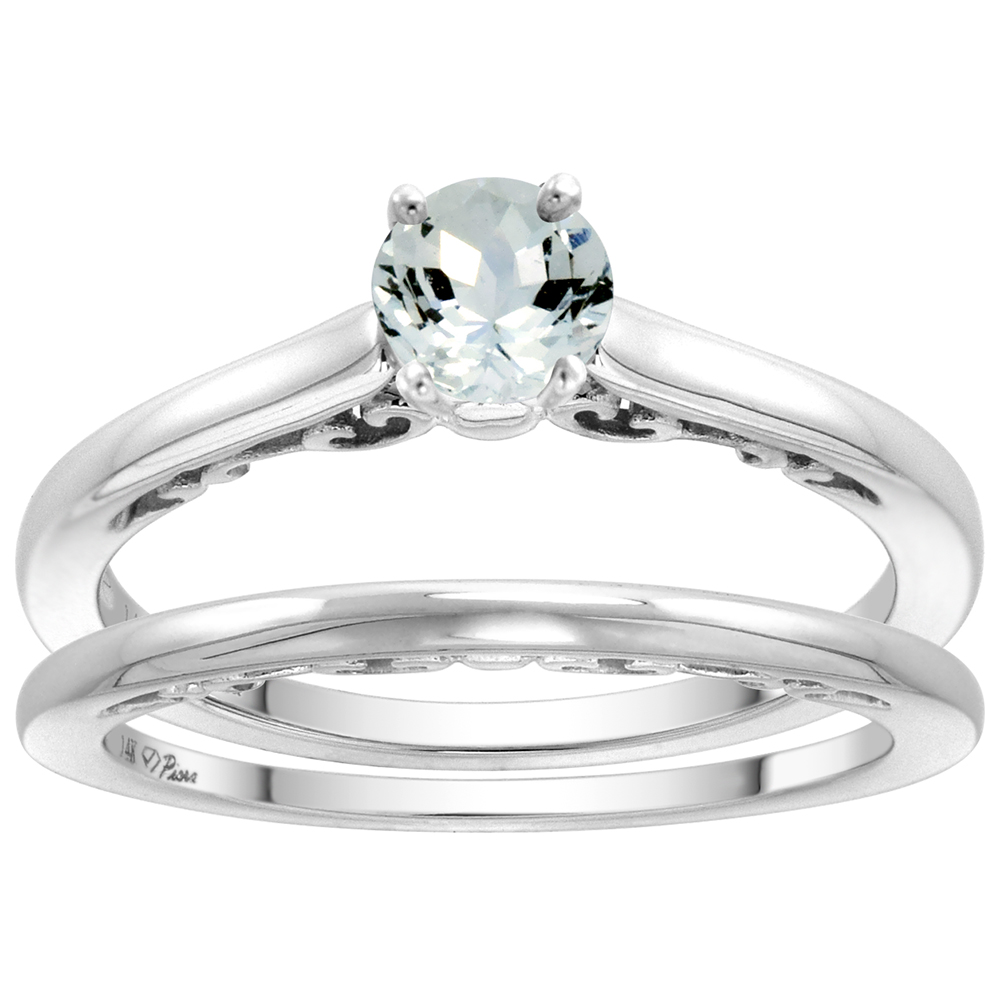 14k White Gold Genuine Aquamarine Solitaire Engagement 2pc Ring Set Round 4mm, size 5-10