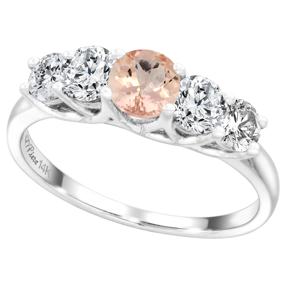 14k White Gold 0.7ct Diamond & Genuine Morganite 5-Stone Ring Round Briliant cut 4.8mm, size 5-10