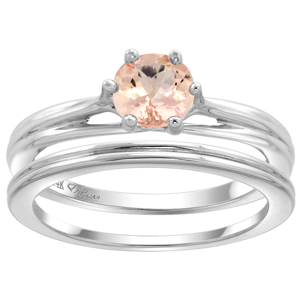 14k White Gold Genuine Morganite Solitaire Engagement 2pc Ring Set Round 6mm, size 5-10
