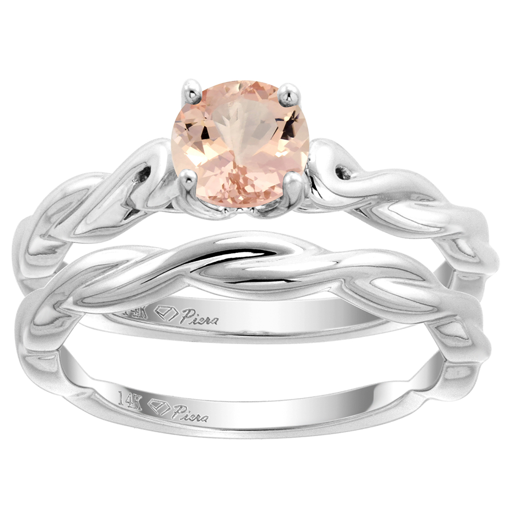 14k White Gold Genuine Morganite 2pc Solitaire Engagement Ring Set Round 6mm Twisted Shank,size 5-10
