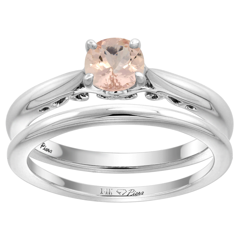 14k White Gold Genuine Morganite Solitaire Engagement 2pc Ring Set Round 6mm, size 5-10