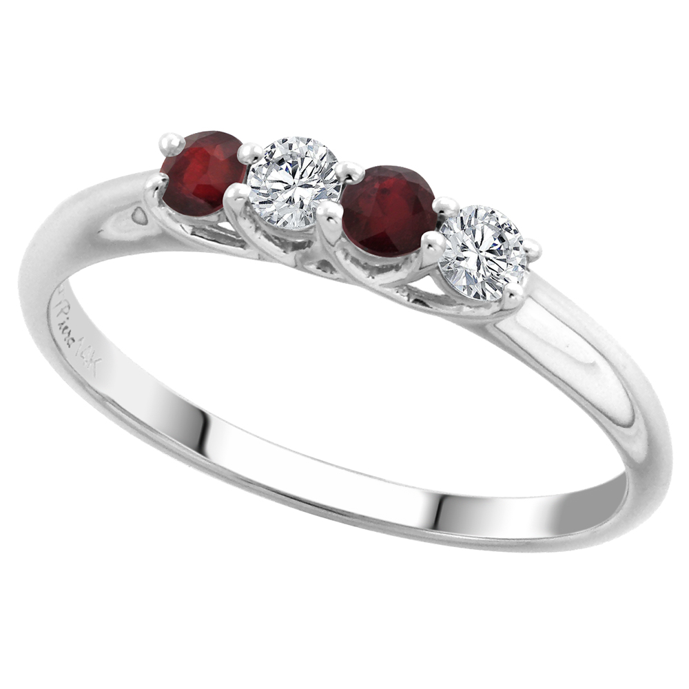 14k White Gold Enhanced Genuine Ruby and Diamond 4-Stone Ring Round Brilliant cut 0.17ct 2.7mm, size 5-10