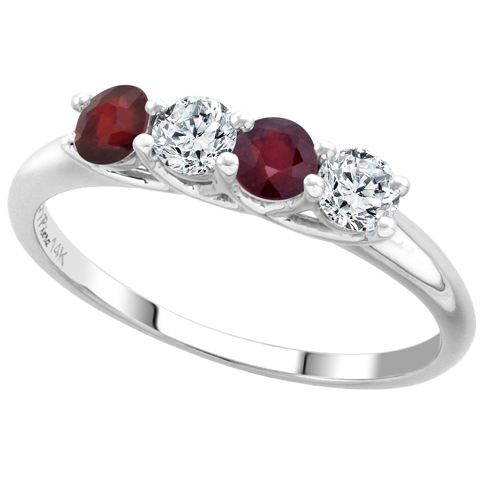 14k White Gold Enhanced Genuine Ruby and Diamond 4-Stone Ring Round Brilliant cut 0.28ct 3.2mm, size 5-10