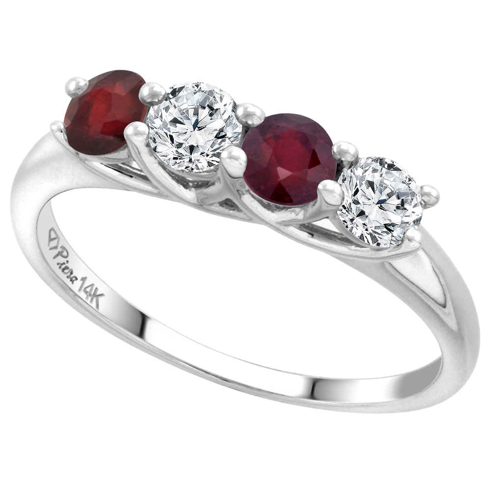 14k White Gold Genuine Ruby and Diamond 4-Stone Ring Round Brilliant cut 0.4cttw 3.7mm size 5-10