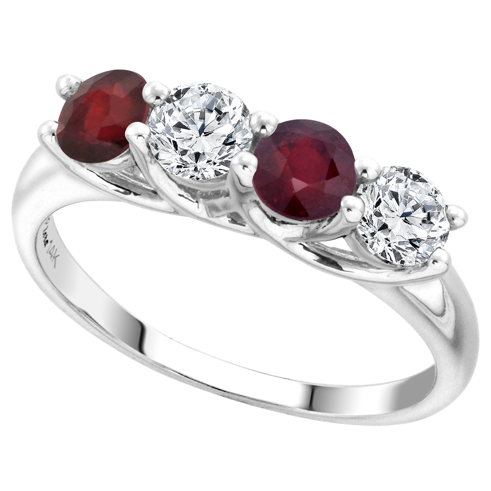 14k White Gold Quality Genuine Ruby & Diamond 4-Stone Ring Round Brilliant cut 0.5ct 4.1mm size 5-10