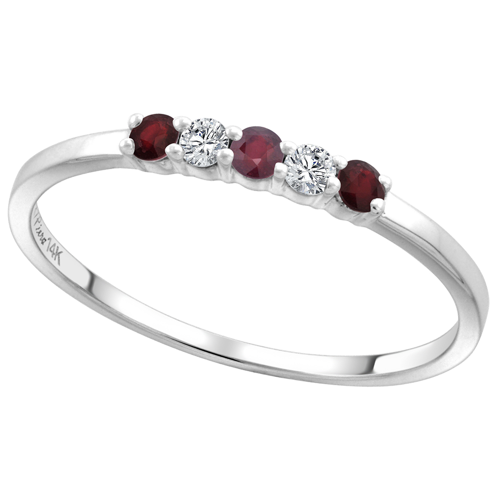 14k White Gold Enhanced Genuine Ruby and Diamond 5-Stone Ring Round Brilliant cut 0.08cttw 2mm, size 5-10