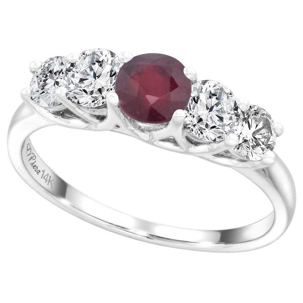 14k White Gold 0.7ct Diamond & Enhanced Genuine Ruby 5-Stone Ring Round Briliant cut 4.8mm, size 5-10