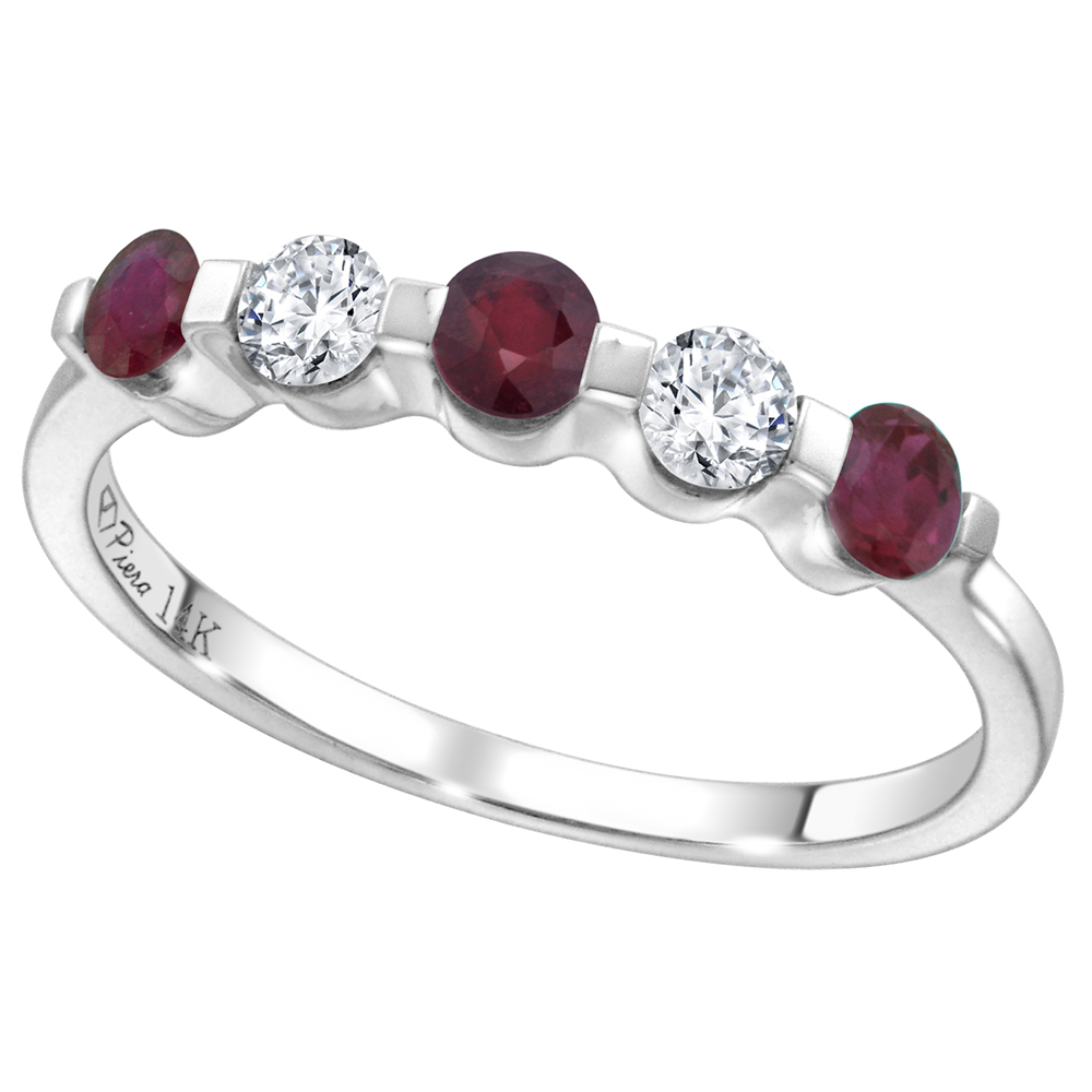 14k White Gold 0.23ct Diamond & Enhanced Genuine Ruby 5-Stone Ring Round Brilliant cut 3mm, size 5-10