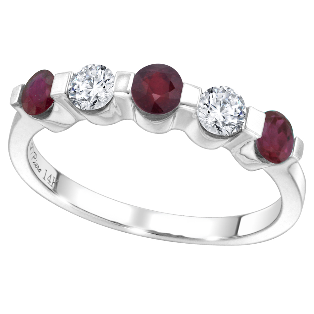 14k White Gold 0.33ct Diamond & Enhanced Genuine Ruby 5-Stone Ring Round Brilliant cut 3.4mm, size 5-10