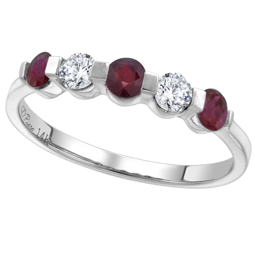 14k White Gold 0.23ct Diamond & Enhanced Genuine Ruby 5-Stone Ring Round Brilliant cut 3mm, size 5-10