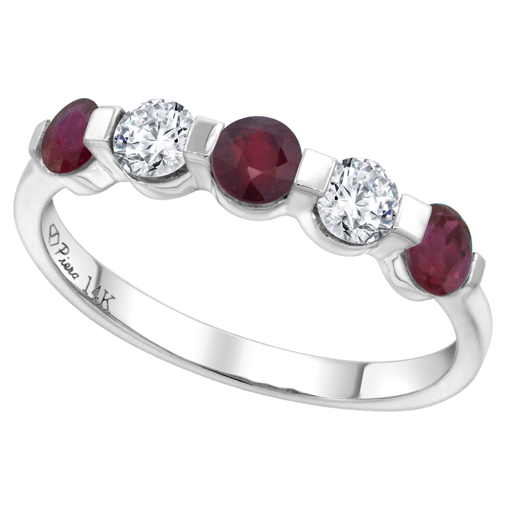 14k White Gold 0.33ct Diamond & Enhanced Genuine Ruby 5-Stone Ring Round Brilliant cut 3.4mm, size 5-10