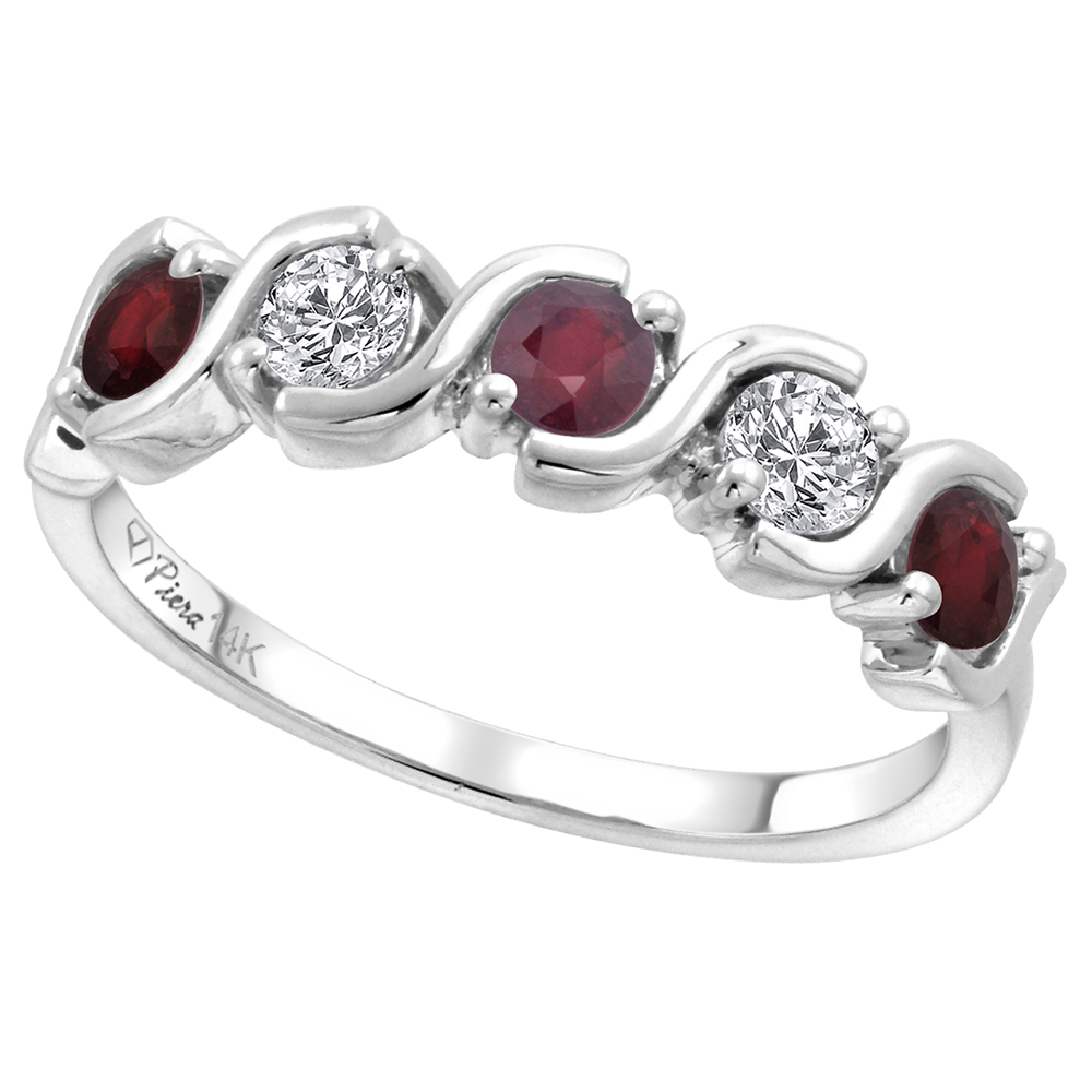 14k White Gold 5-Stone Diamond & Enhanced Genuine Ruby Ring Round Brilliant cut 0.23 cttw 3mm, size 5-10