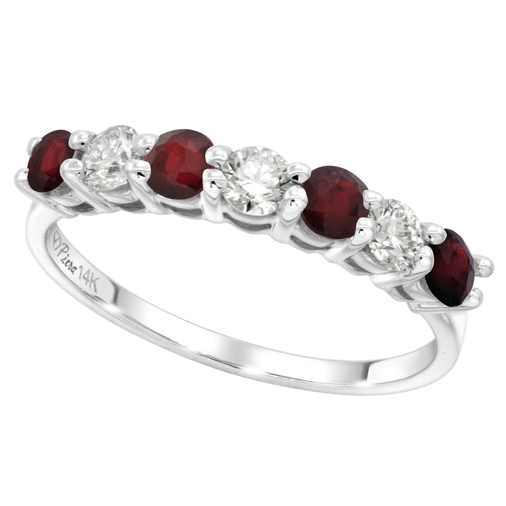14k White Gold Enhanced Genuine Ruby and Diamond 7-stone Ring Round Brilliant cut 0.35ct 3mm, size 5-10
