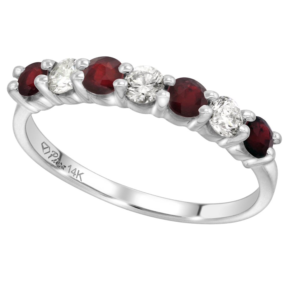 14k White Gold Enhanced Genuine Ruby and Diamond 7-Stone Ring Round Brilliant cut 0.35cttw 3mm, size 5-10