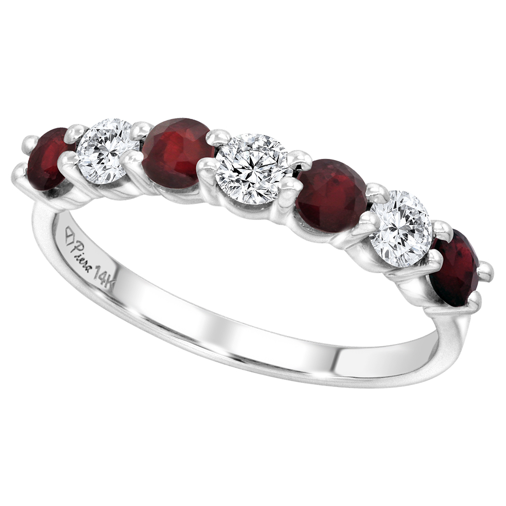 14k White Gold Enhanced Genuine Ruby & Diamond 7-Stone Ring Round Brilliant cut 0.77cttw 4.1mm, size5-10