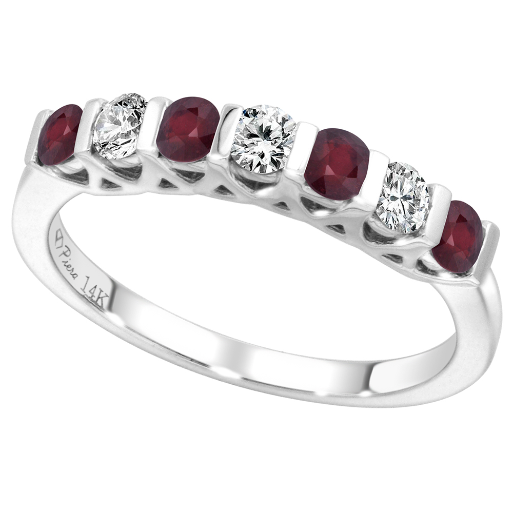 14k White Gold Enhanced Genuine Ruby & Diamond 7-Stone Ring Round Brilliant cut 0.3cttw 2.8mm, size5-10